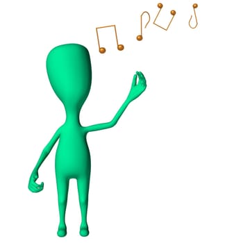 Green 3d puppet with strange shape mimicking singing