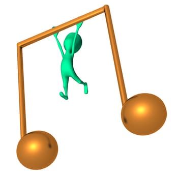 Green 3d puppet hang on big yellow note icon
