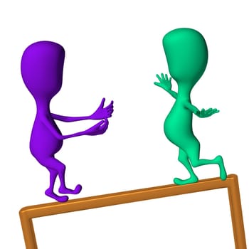 One 3d puppet encourage another to make move