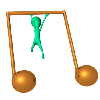 Green 3d puppet climbing on big yellow note icon