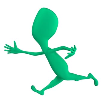 Green 3d puppet strange shape mimicking run