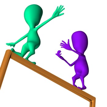 Purple 3d puppet encourage green to make move