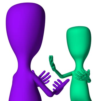 Purple and green 3d puppets greeting happily eachothers