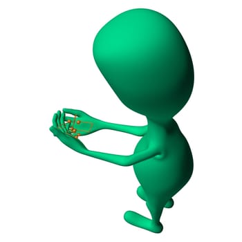 Green 3d puppet looking on small yellow notes