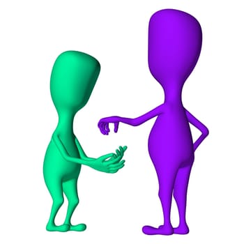 Purple 3d puppet give something to green hands