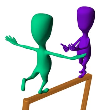 Purple 3d puppet encourage another to make move