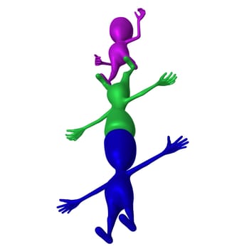 Three different 3d puppets make composition upside down