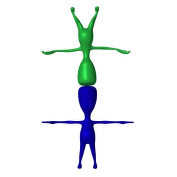 Green 3d puppet stand on blue upside down