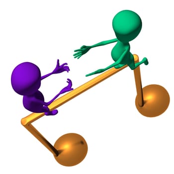 Purple 3d puppet try to catch green one