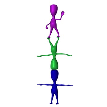 Three 3d puppets standing on eachothers upside down
