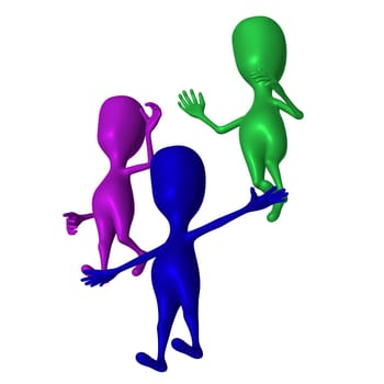 Blue green and purple 3d puppets training together