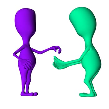 Purple 3d puppet take something from green hands