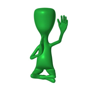 Green 3d puppet mimicking greeting from meditation seating