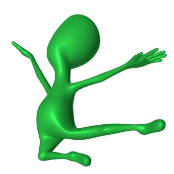 Green 3d puppet catched in middle of jump