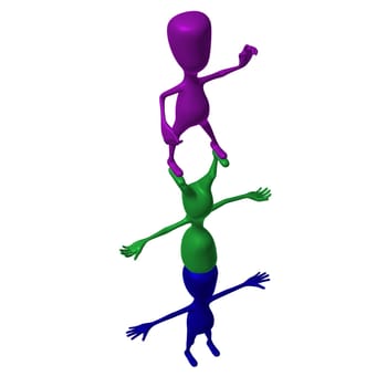 Three 3d puppets posing on eachothers upside down