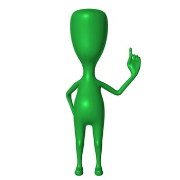 Green 3d puppet mimicking pointing to the air