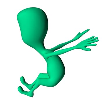 Green 3d puppet with strange shape mimicking jump