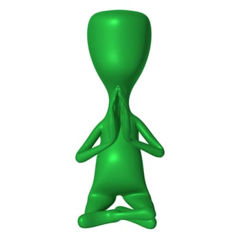 Green 3d puppet mimicking praying pose front view