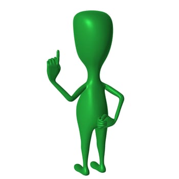 Behind view green 3d puppet mimicking pointing  finger