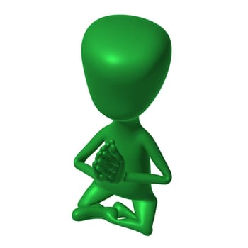 Green 3d puppet mimicking praying pose above view