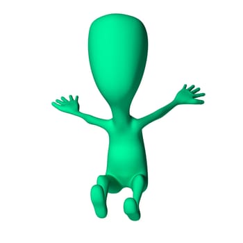 Green 3d puppet with strange shape mimicking landing
