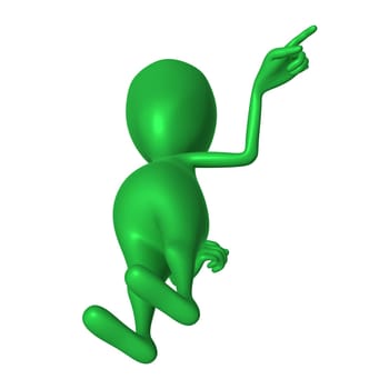 Under view green 3d puppet mimicking pointing  finger