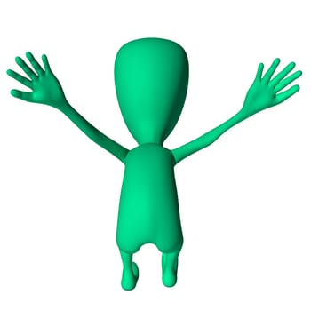 Green 3d puppet mimicking jump landing from back