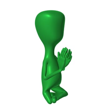 Green 3d puppet mimicking praying pose side view