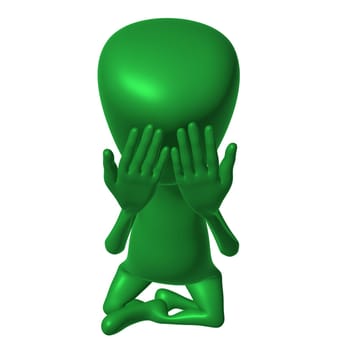 Green 3d puppet seriously close eyes by hands