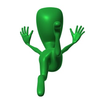 Zoomed view green 3d puppet stand on hands