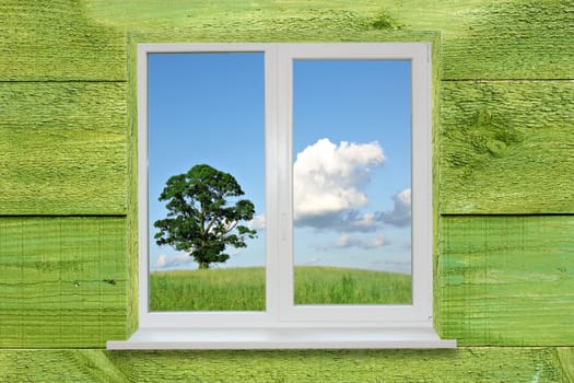 Landscape in the window on green wooden wall