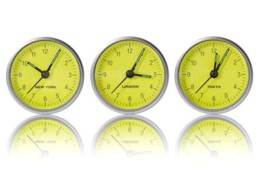 Time in New York, London and Tokyo, three watches on white background
