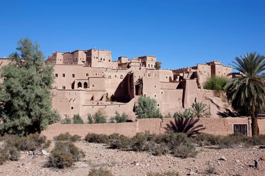 Kasbah Taourirt with clear blue sky, Ouarzazate, Morocco.