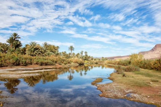 Oasis with date palms at the Draa River with cloudy blue sky reflected in the water, Draa Valley, Morocco.