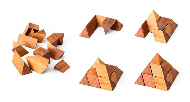 Wooden pyramid puzzle, from start to end building