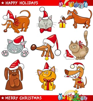 Cartoon Illustration of Christmas Themes with Cats and Dogs set