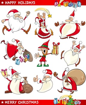 Cartoon Illustration of Santa Clauses, Christmas Elf and other Themes set