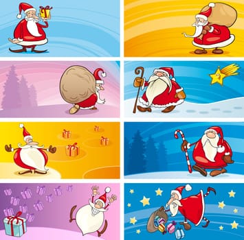 Cartoon Illustration of Greeting Cards with Santa Clauses and Christmas Themes set