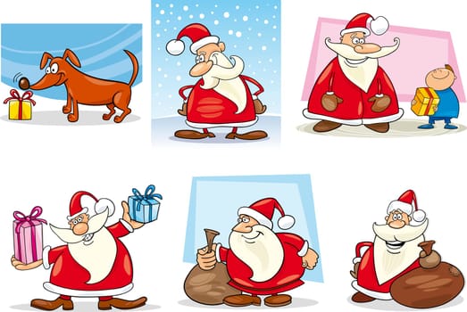 Cartoon Illustration of Santa Clauses and Christmas Themes Clip Art Set
