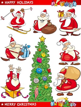 Cartoon Illustration of Santa Clauses, Christmas Tree and other Themes set