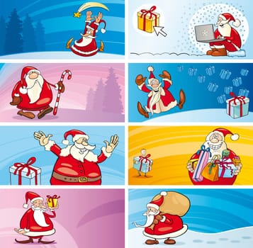 Cartoon Illustration of Greeting Cards with Santa Clauses and Christmas Themes set