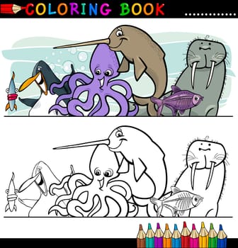 Coloring Book or Page Cartoon Illustration of Funny Marine and Sea Life Animals for Children Education