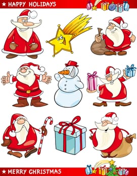 Cartoon Illustration of Santa Clauses, Christmas Star and other Themes set