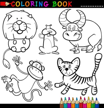Coloring Book or Page Cartoon Illustration of Funny Wild and Safari Animals for Children