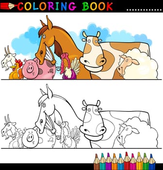 Coloring Book or Page Cartoon Illustration of Funny Farm and Livestock Animals for Children Education