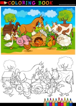 Coloring Book or Page Cartoon Illustration of Funny Farm and Livestock Animals for Children Education