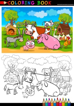 Coloring Book or Page Cartoon Illustration of Funny Farm and Livestock Animals for Children Education
