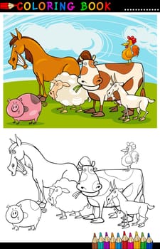 Coloring Book or Page Cartoon Illustration of Funny Farm and Livestock Animals for Children Education