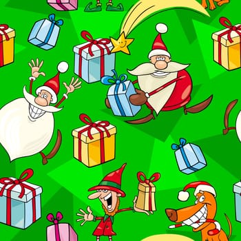 Seamless Pattern Cartoon Illustration of Santa Clauses and other Christmas Themes for Wrapper or Paper Pack and Design