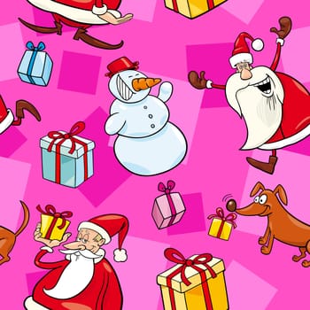 Seamless Pattern Cartoon Illustration of Santa Clauses and other Christmas Themes for Wrapper or Paper Pack and Design
